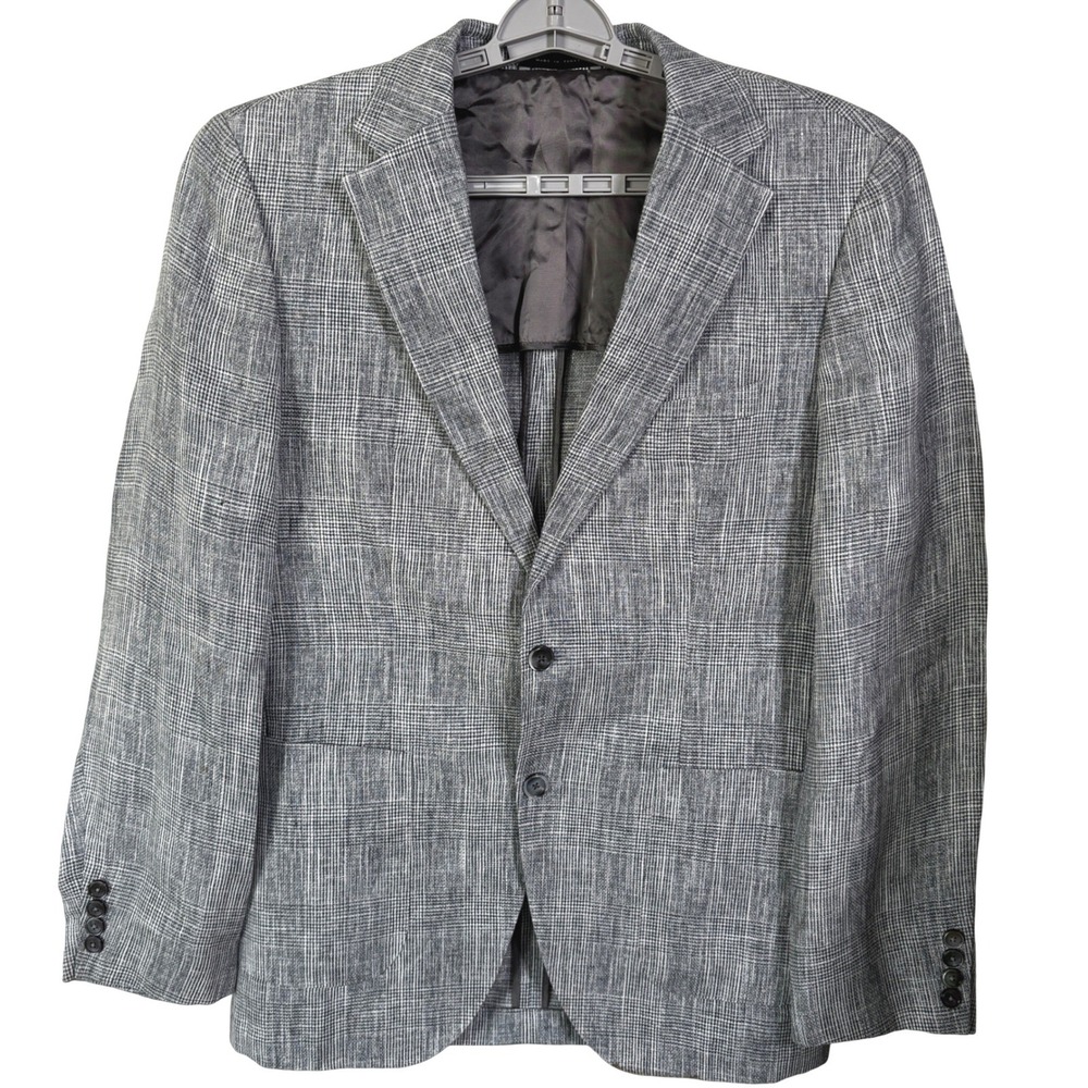 Hugo BOSS Mens Size 40L Gray Glen Plaid Linen Two Button Blazer Sport Coat